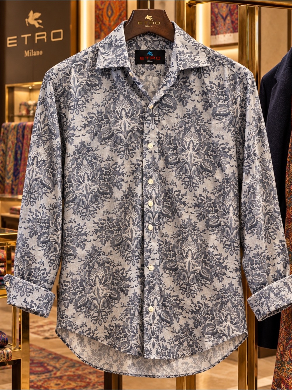 ETRO Milano Men’s Paisley Damask Shirt Made in Italy Slate Gray Size 39